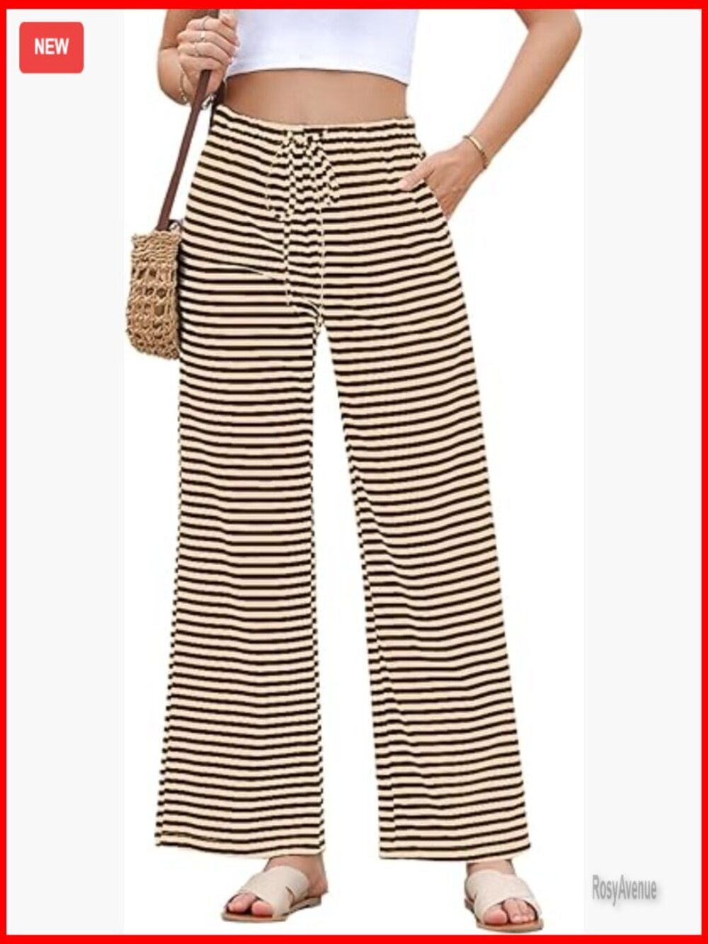 Wide Leg Lounge Pants with Pockets, Elastic Waist, Striped Pattern